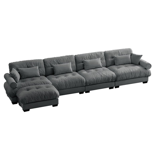 Modern Velvet L Shaped Sectional Cloud Sofa, Convertible 4 Seater Modular Couch with Pillows, Grey