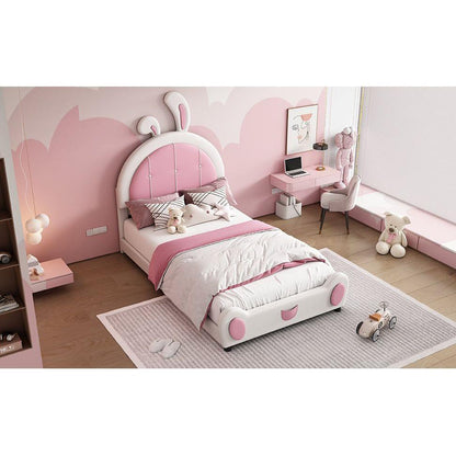Twin Size Upholstered Platform Bed with Rabbit Shaped Headboard, White