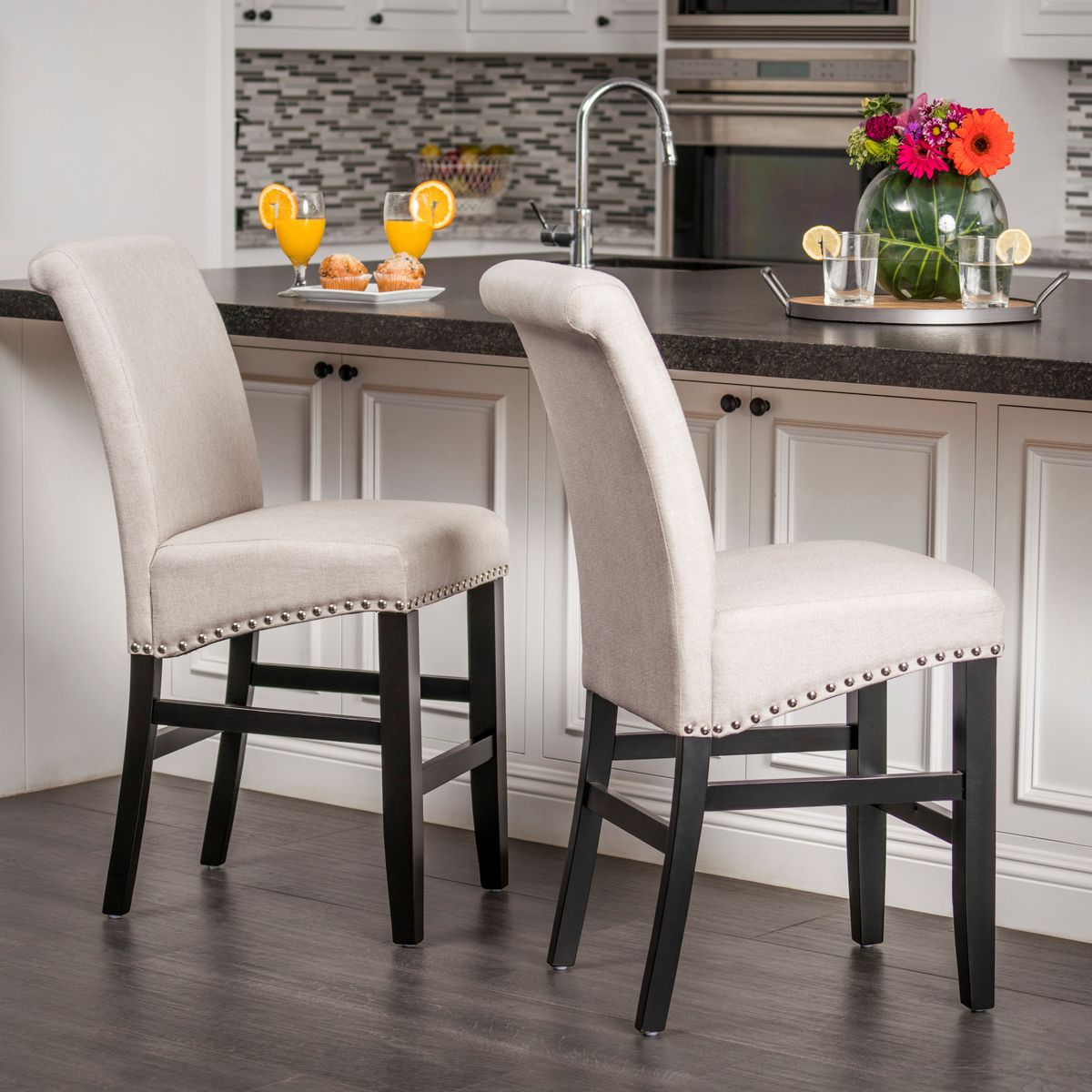 25' Contemporary Upholstered Counter Stools with Nailhead Trim (Set of 2), Wheat/Matte Black, Fabric - Streamdale Furniture