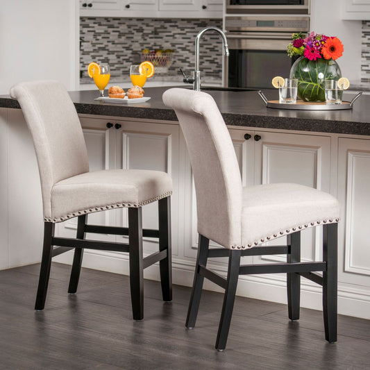 25' Contemporary Upholstered Counter Stools with Nailhead Trim (Set of 2), Wheat/Matte Black, Fabric - Streamdale Furniture