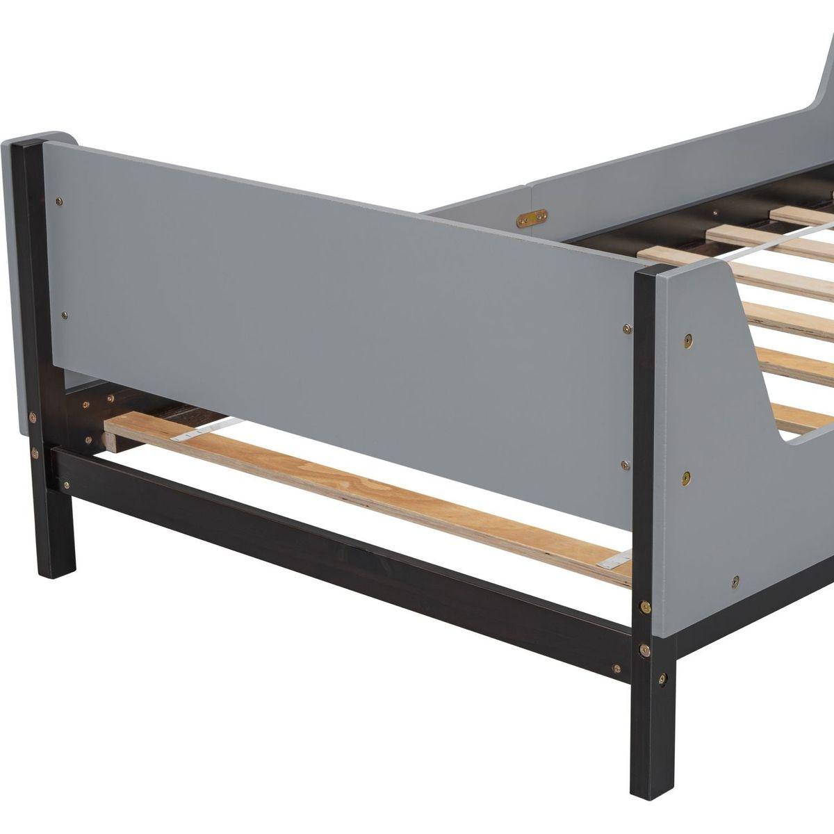 Twin Bed with Headboard, Footboard, Safeguards, Built-in Bed-end Book Storage Rack, Grey