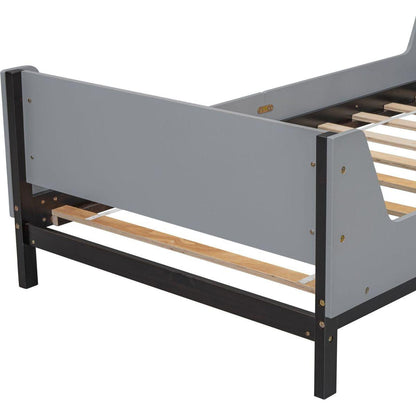 Twin Bed with Headboard, Footboard, Safeguards, Built-in Bed-end Book Storage Rack, Grey