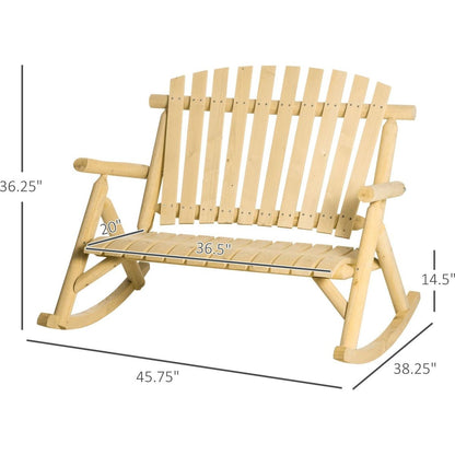 Double Wooden Porch Rocking Bench, Adirondack Porch Rocker Chair, Heavy Duty Loveseat for 2 Persons with High Rise Slatted Seat & Backrest, Smooth Armrests, Natural