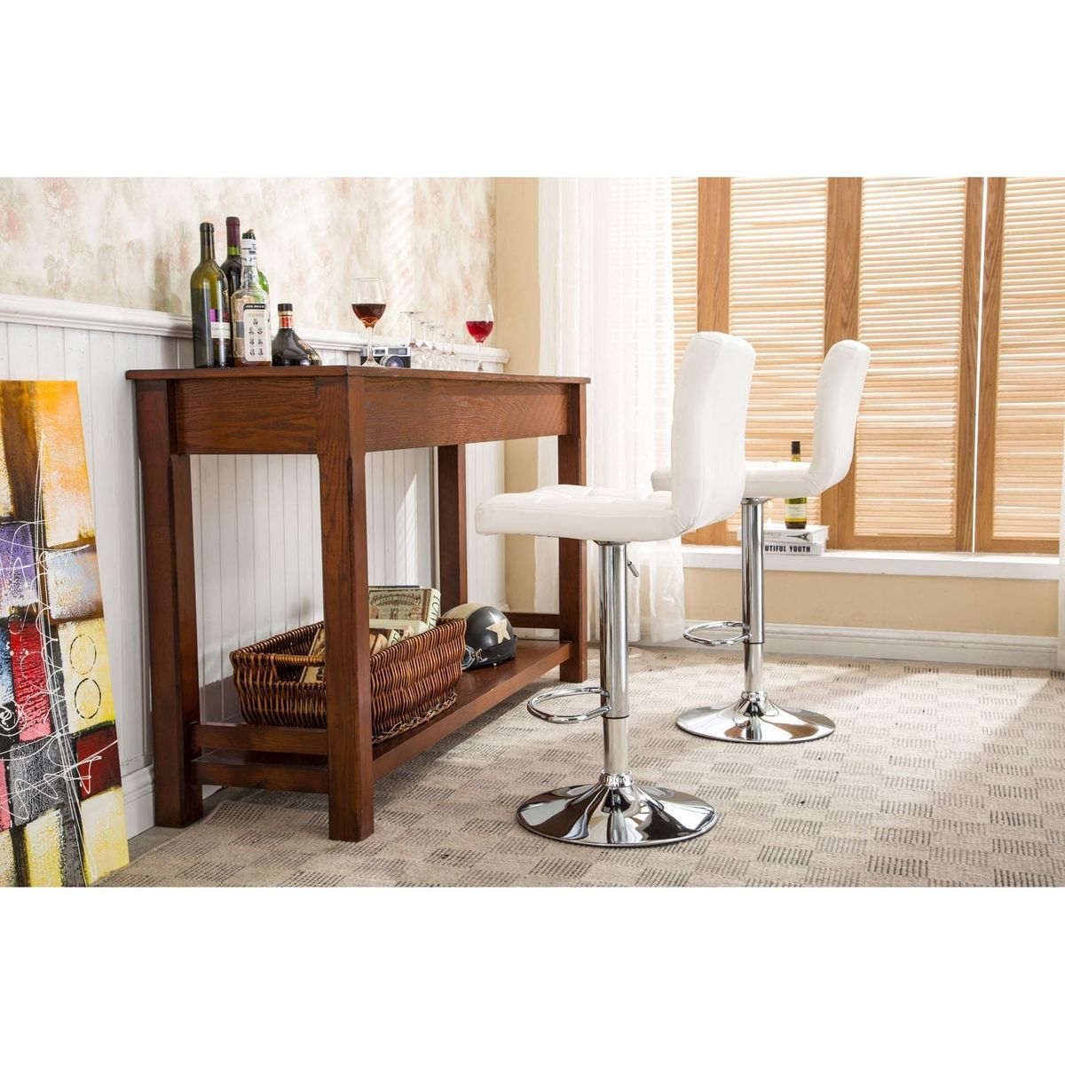 Swivel Faux Leather Adjustable Hydraulic Bar Stool, Set of 2, White