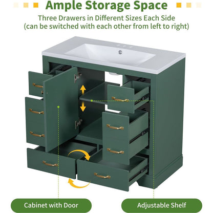 36" Bathroom Vanity with Sink Combo, Six Drawers, Multi-Functional Drawer Divider, Adjustable Shelf, Green