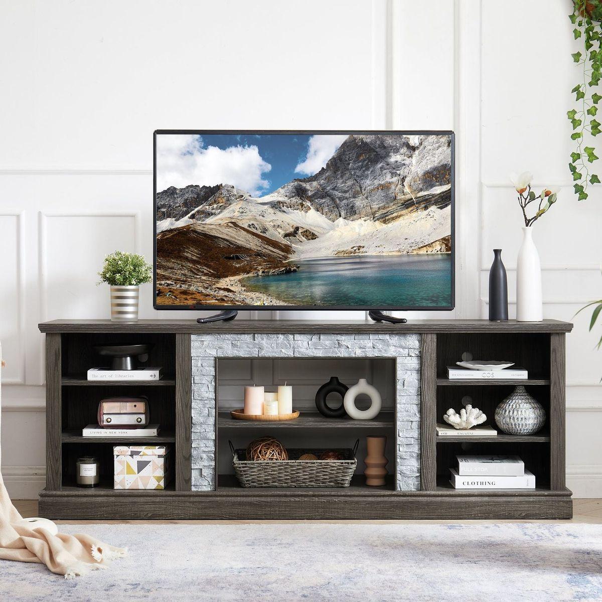 Large TV Stand TV Desk Storage Rack with Faux Stacked Stone Surround,Media Console Table with Large Storage Cabinet,Modern TV Media Entertaionment Stand,GREY, 70.12"Wx15.35"Dx25.83"H