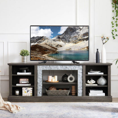 Large TV Stand TV Desk Storage Rack with Faux Stacked Stone Surround,Media Console Table with Large Storage Cabinet,Modern TV Media Entertaionment Stand,GREY, 70.12"Wx15.35"Dx25.83"H