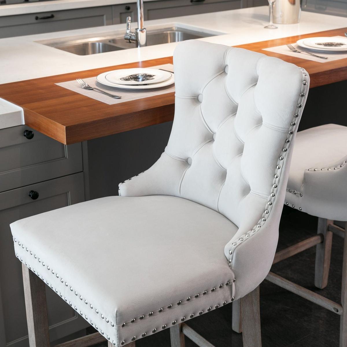 Contemporary Velvet Upholstered Barstools with Button Tufted Decoration and Wooden Legs, and Chrome Nailhead Trim, Leisure Style Bar Chairs,Bar stools, Set of 2 (Beige)