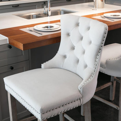 Contemporary Velvet Upholstered Barstools with Button Tufted Decoration and Wooden Legs, and Chrome Nailhead Trim, Leisure Style Bar Chairs,Bar stools, Set of 2 (Beige)