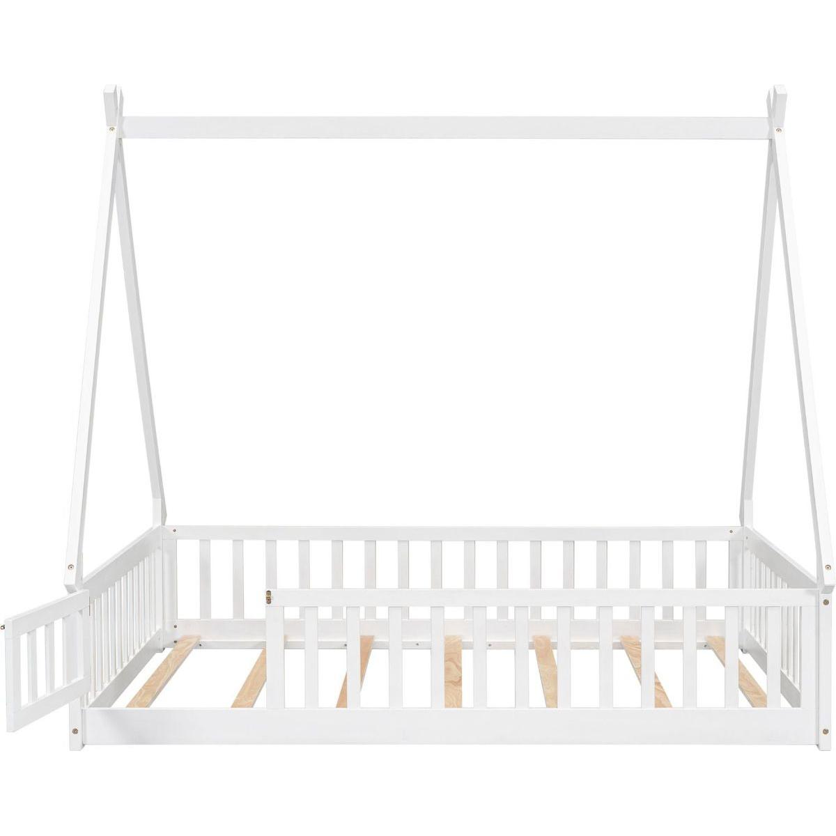 Full Tent-shaped Floor Bed, with Guardrails, Slats, Door, White