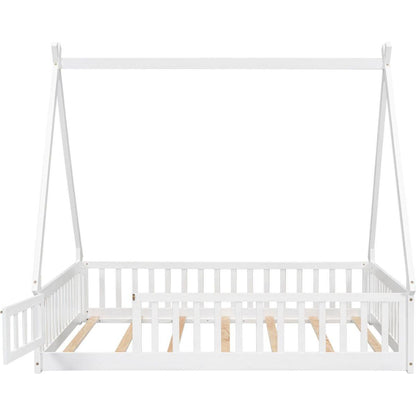 Full Tent-shaped Floor Bed, with Guardrails, Slats, Door, White