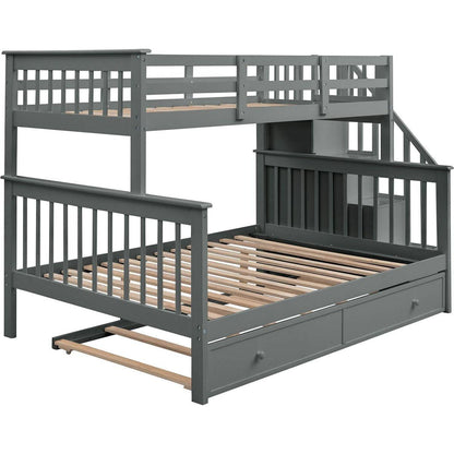 Stairway Twin-Over-Full Bunk Bed with Twin size Trundle, Storage and Guard Rail for Bedroom, Dorm, for Adults, Gray