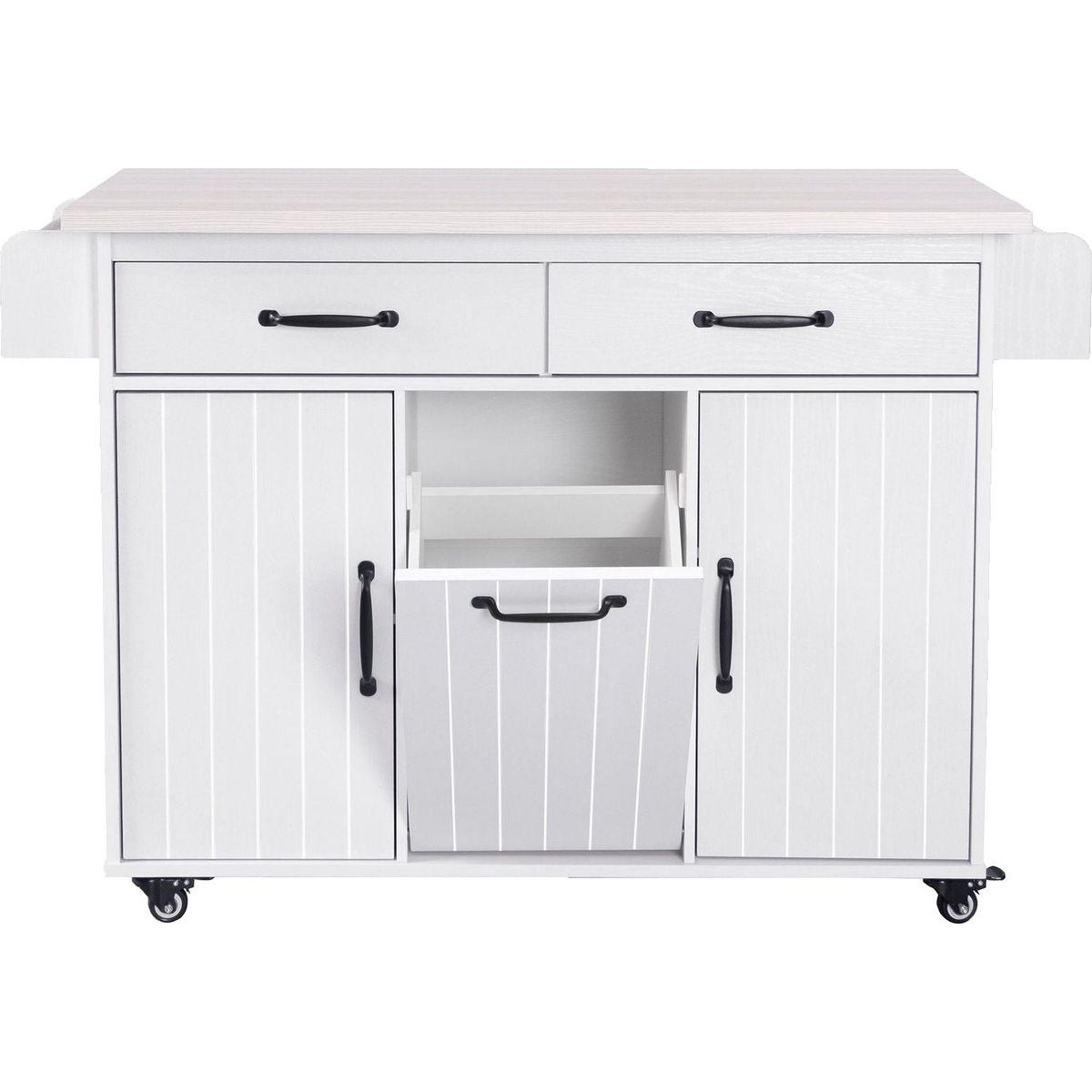 Kitchen Island with Trash Can Storage Cabinet, Kitchen Cart with Drop Leaf, Spice Rack, Towel Rack and Drawer, Rolling Kitchen Island on Wheels with Adjustable Shelf, White