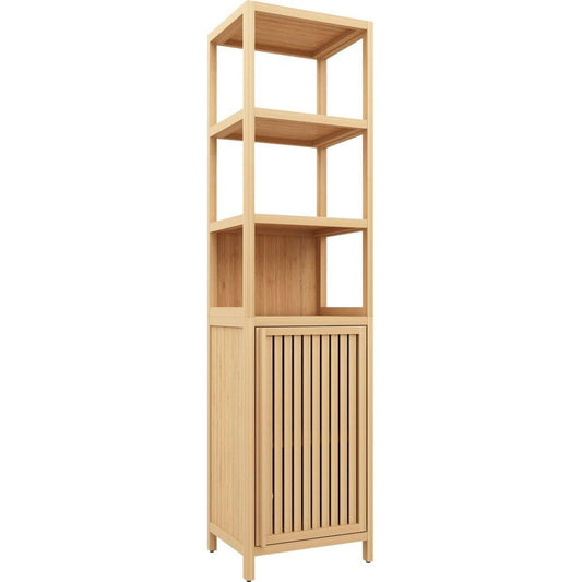 Storage Tall Slim Cabinet with Shutter Door and 3 Tier Shelves, Freestanding Linen Tower Cabinet for Living Room, Kitchen, Bathroom Organizer, Natural Bamboo