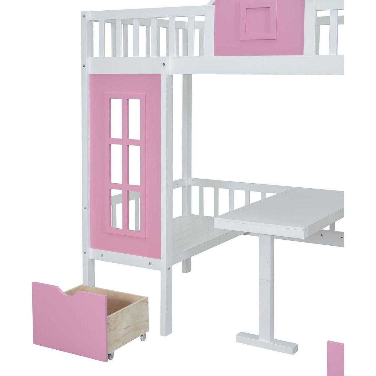 Twin-Over-Twin Bunk Bed with Changeable Table, Bunk Bed Turn into Upper Bed and Down Desk -Pink