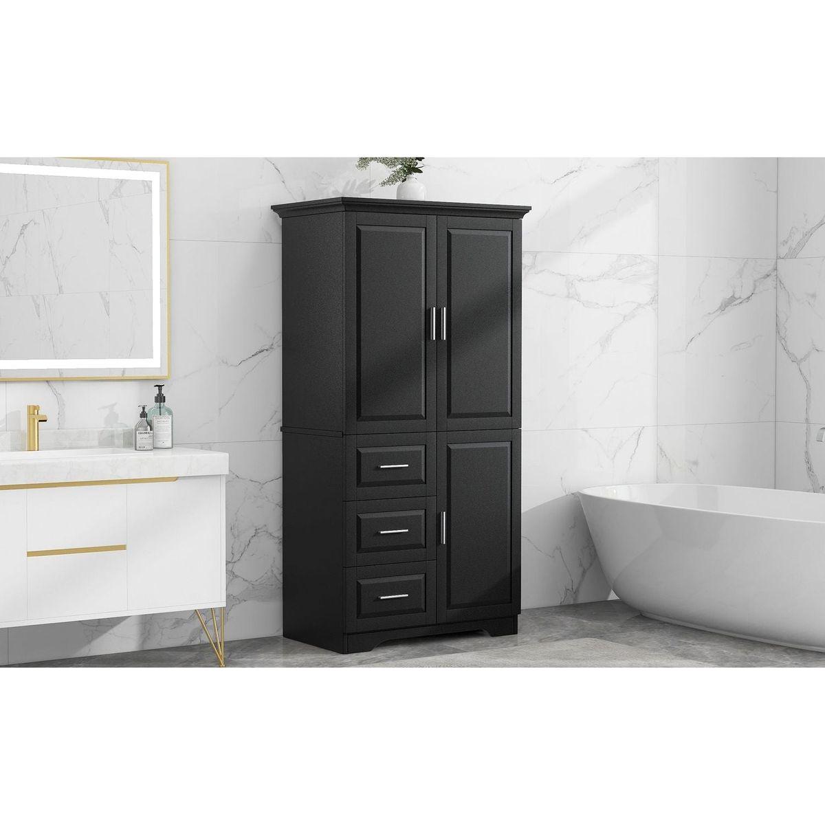 Tall and Wide Storage Cabinet with Doors for Bathroom/Office, Three Drawers, Black