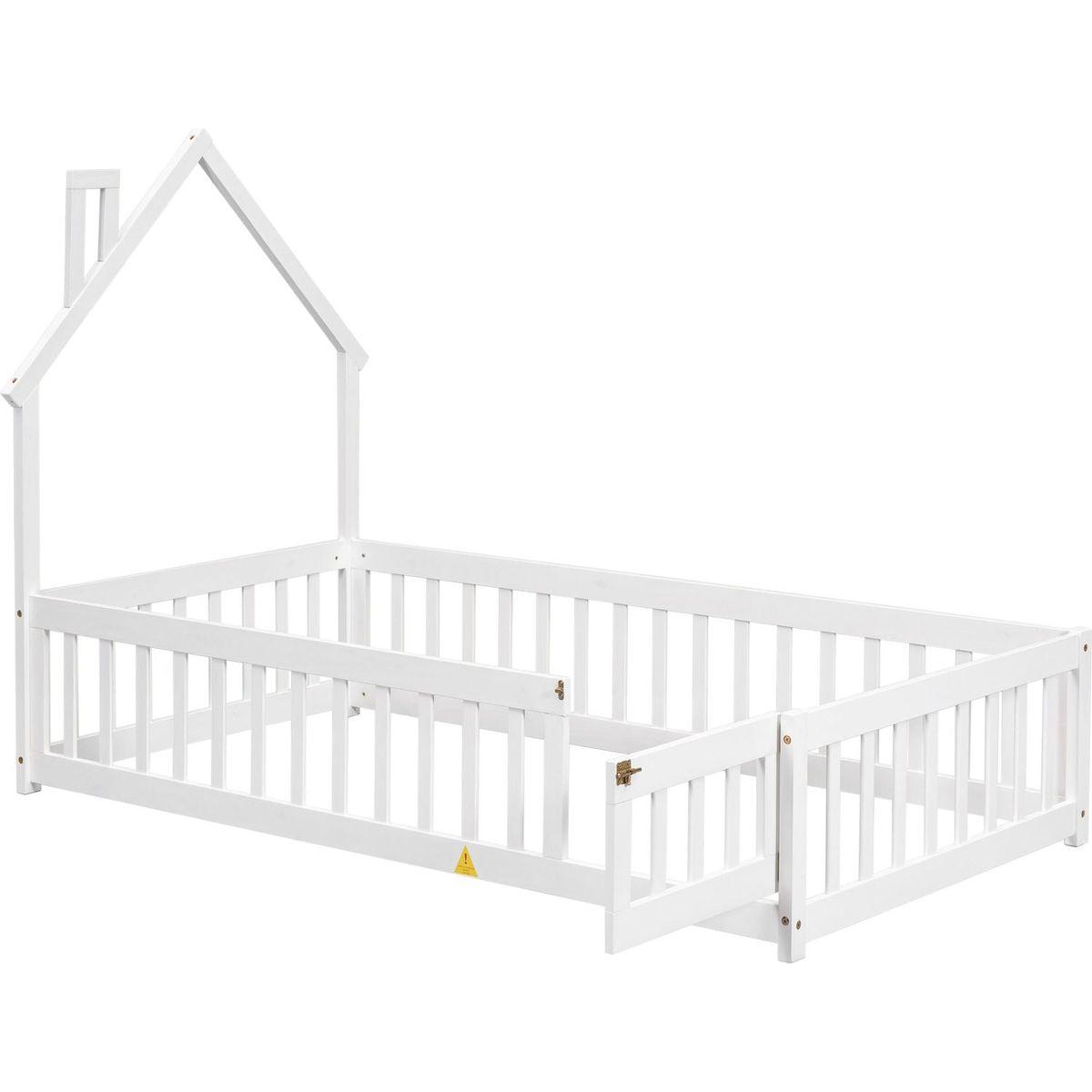 Twin House-Shaped Headboard Floor Bed with Fence,White