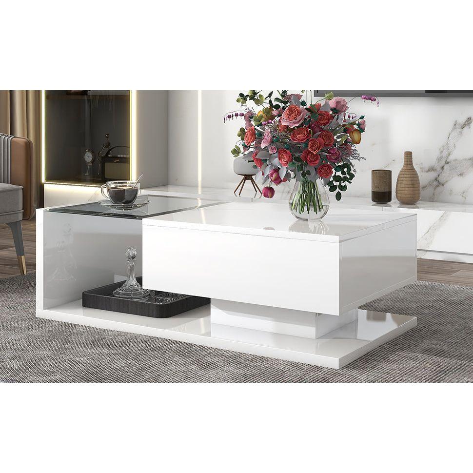 Modern Coffee Table with Tempered Glass, Wooden Cocktail Table with High-gloss UV Surface, Modernist 2-Tier Rectangle Center Table for Living Room, White