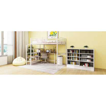 Full Size Metal Loft Bed with Desk and Lateral Storage Ladder, White