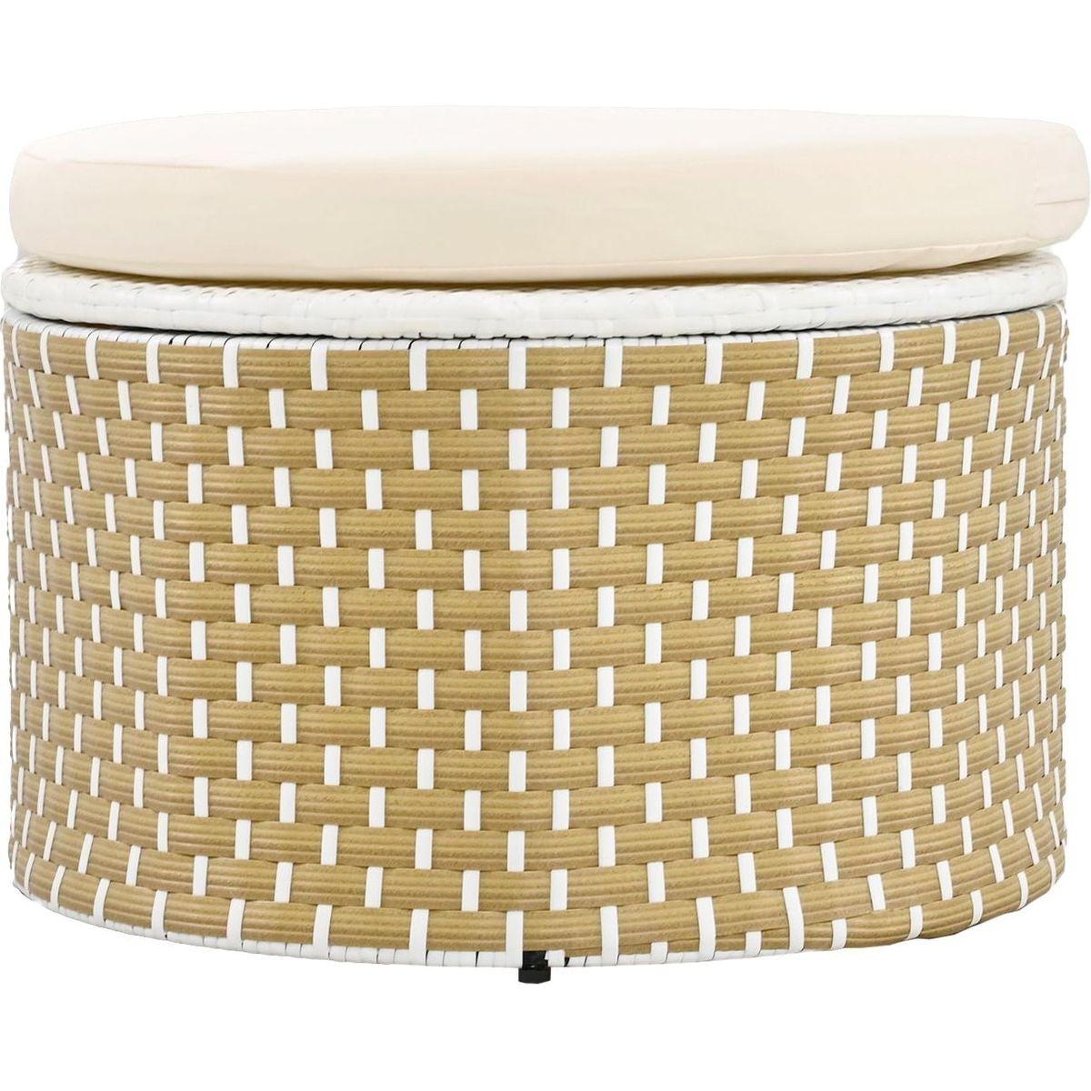 Patio Furniture Round Outdoor Sectional Sofa Set Rattan Daybed Two-Tone Weave Sunbed with Retractable Canopy, Separate Seating and Removable Cushion, Beige