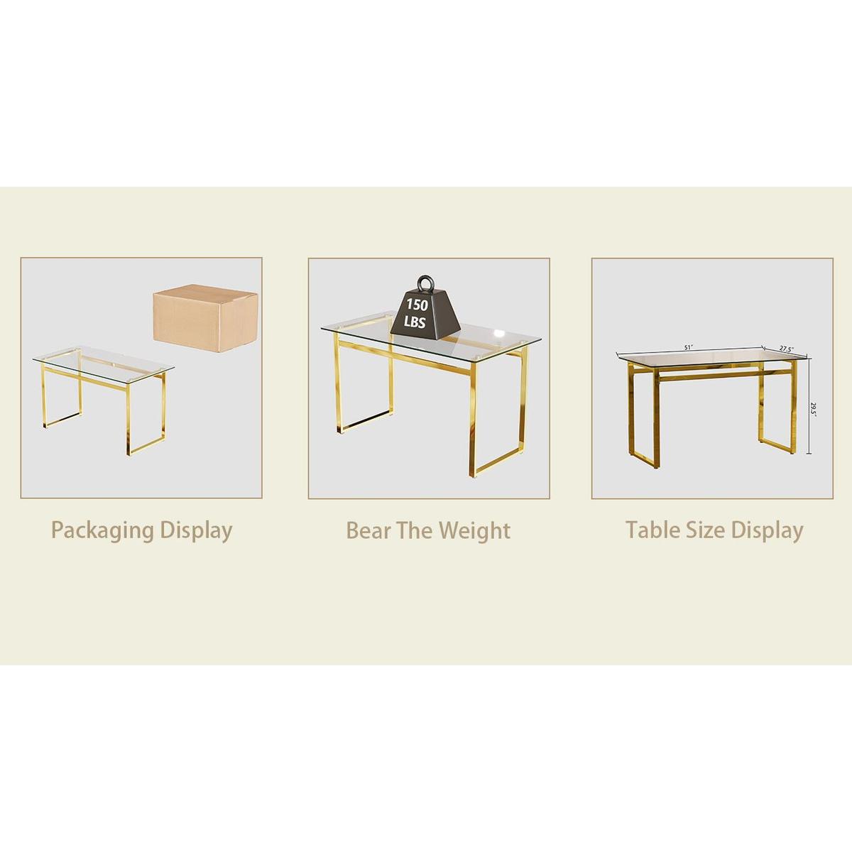 Modern Minimalist Rectangular Glass Dining Table for 4-6 with 0.31" Tempered Glass Tabletop and Golden Chrome Metal Legs, Writing Table Desk, for Kitchen Dining Living Room, 51" W x 27"D x 30" H