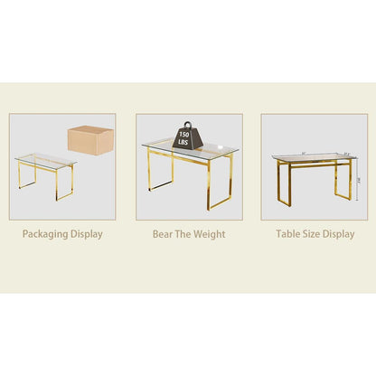 Modern Minimalist Rectangular Glass Dining Table for 4-6 with 0.31" Tempered Glass Tabletop and Golden Chrome Metal Legs, Writing Table Desk, for Kitchen Dining Living Room, 51" W x 27"D x 30" H