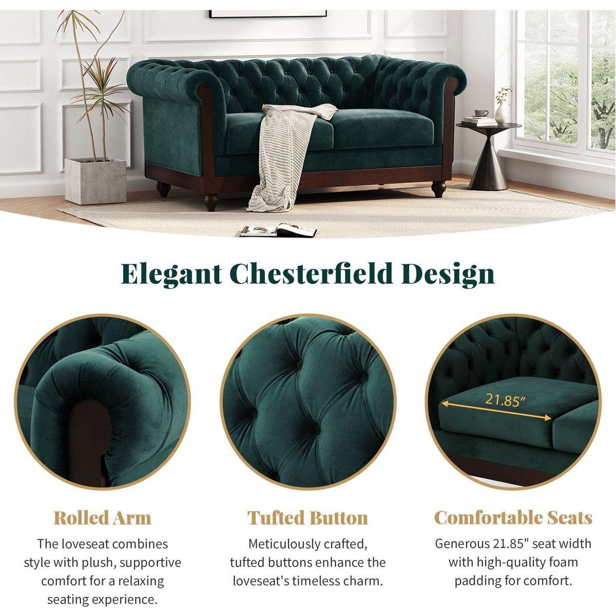 VIVALUX 59.44" Chesterfield Velvet Loveseat Sofa,2-Person Rolled Arm Dutch Plush Upholstered Sofa Couch with Tufted Button for Living Room, Bedroom, Small Places,Forest Green