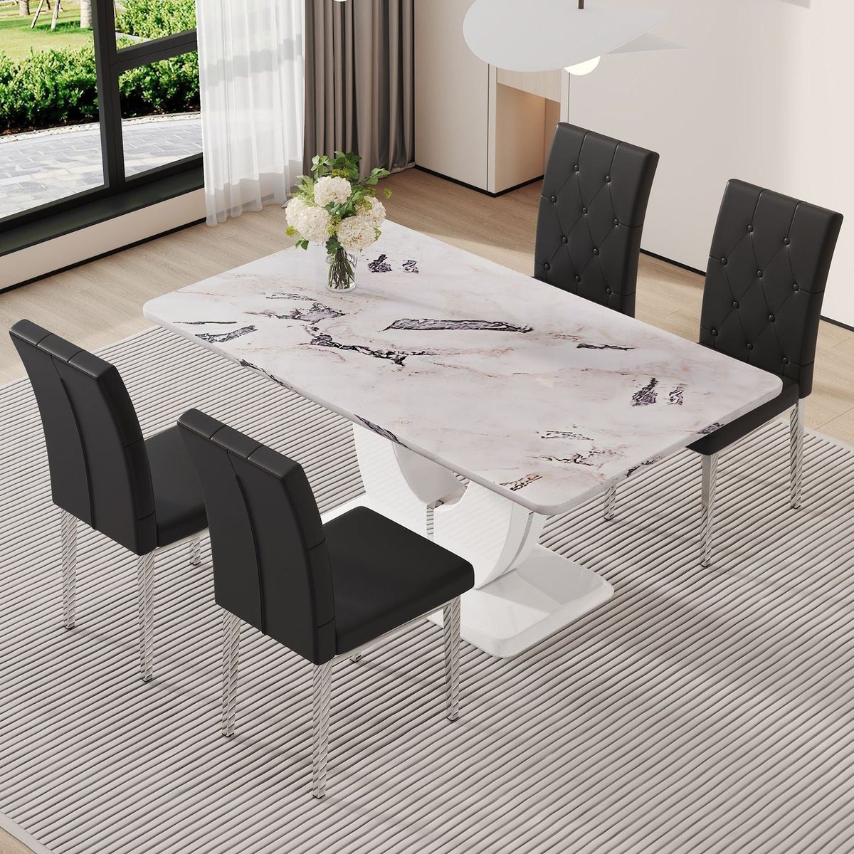 Table and chair set, modern minimalist white marble textured rectangular dining table. Suitable for restaurants and living rooms. Soft cushion seats.   F-1280