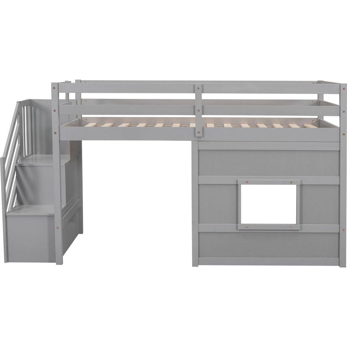 Twin Size Loft Bed with Storage Staircase and Window, Gray