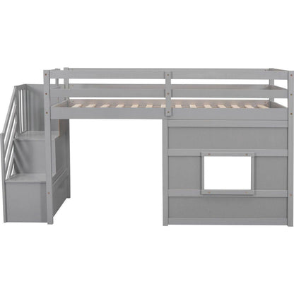Twin Size Loft Bed with Storage Staircase and Window, Gray