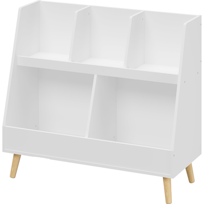 Kids Bookshelf and Toy Organizer, 5 Cubbies Wooden Open Bookcase, 2-Tier Baby Storage Display Organizer with Legs, Free Standing for Playing Room, Bedroom, Nursery, Classroom, White