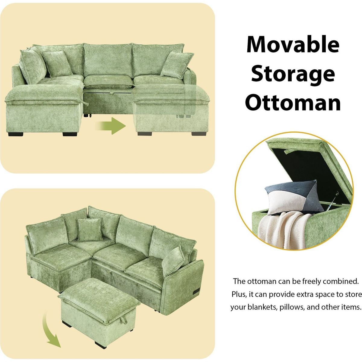 82.67"Convertible Sofa Bed Sectional Sofa Sleeper L-shaped Sofa with a Storage Ottoman,Two Pillows, Two Power Sockets and Two USB Ports for Living Room, Green