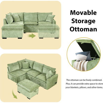 82.67"Convertible Sofa Bed Sectional Sofa Sleeper L-shaped Sofa with a Storage Ottoman,Two Pillows, Two Power Sockets and Two USB Ports for Living Room, Green