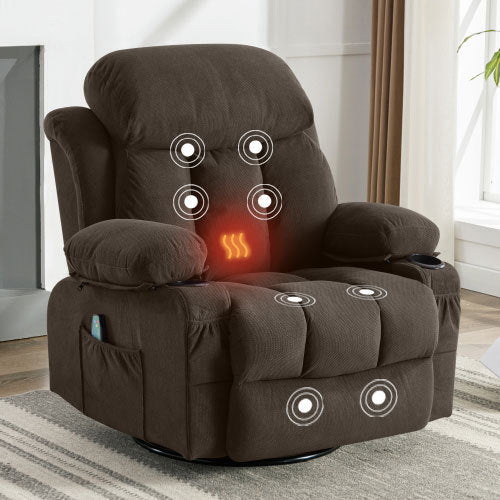 Swinging recliner massage heated sofa, with USB and 2 cup holders in side pockets, PackageA+B (Brown)