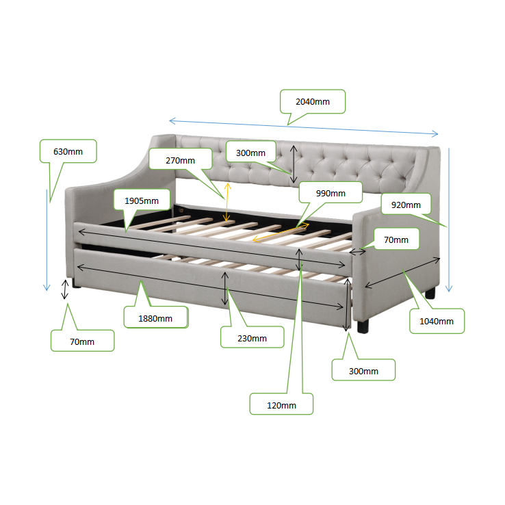 Twin Size Upholstered Daybed with Trundle,Sturdy Wood Bedframe w/ Bedframe Tufted Button & Copper Nail on Arms Design,Perfect for Bedroom,Guest Room Furniture,No Box Spring Needed