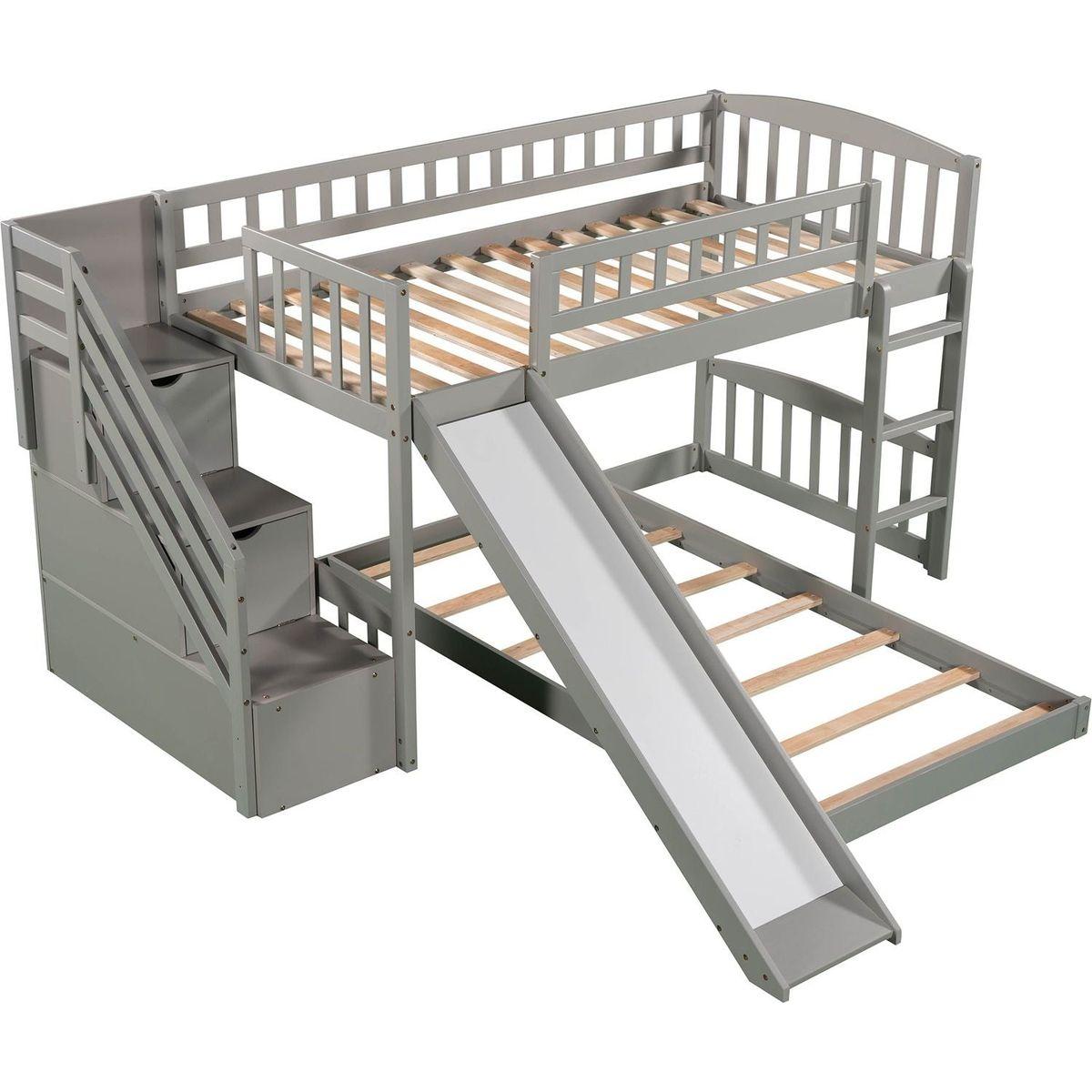 Stairway Twin over Twin Bunk Bed with Two Drawers and Slide, Gray
