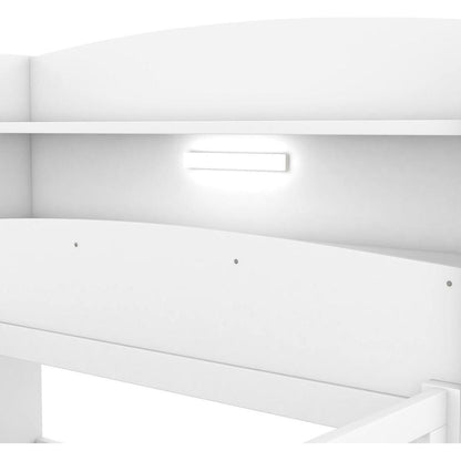 Wood Twin Size Platform Bed with Built-in LED Light, Storage Headboard and Guardrail, White