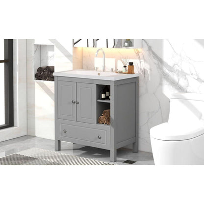 30" Bathroom Vanity with Sink, Bathroom Storage Cabinet with Doors and Drawers, Solid Wood Frame, Ceramic Sink, Grey