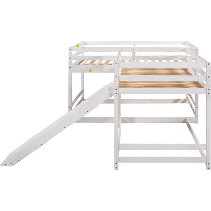 Full and Twin Size L-Shaped Bunk Bed with Slide and Short Ladder,White