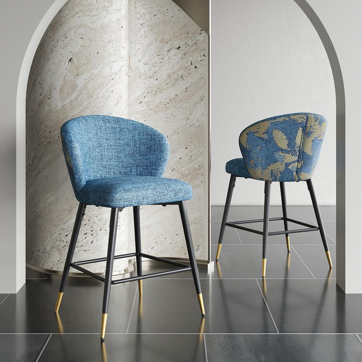 Counter Height Bar Stools Set of 2, Jacquard Upholstered Bar Chairs, Metal Footrest and Frame for Kitchen,Dining Room,28"H Seat Height , Blue