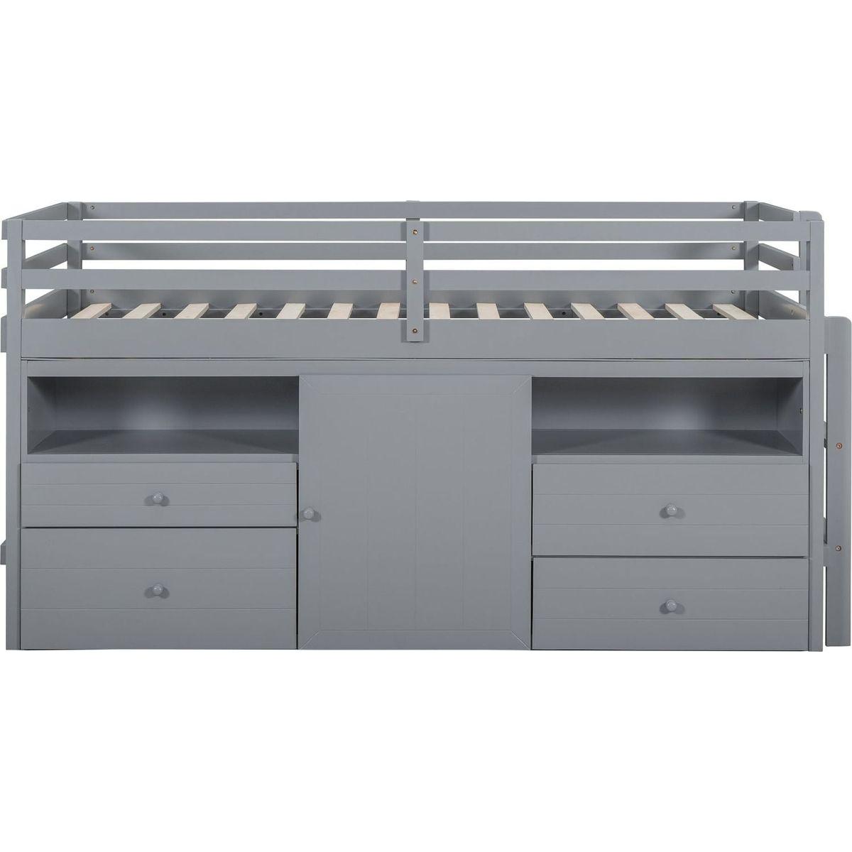 Twin Size Loft Bed with 4 Drawers, Underneath Cabinet and Shelves, Gray