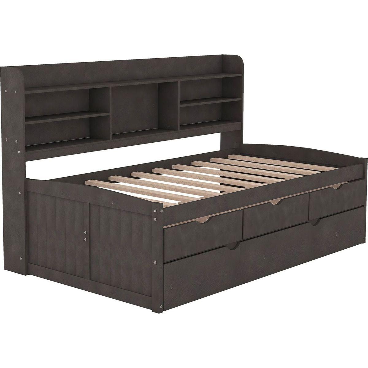 Twin Size Wooden Captain Bed with Built-in Bookshelves,Three Storage Drawers and Trundle,Antique Gray