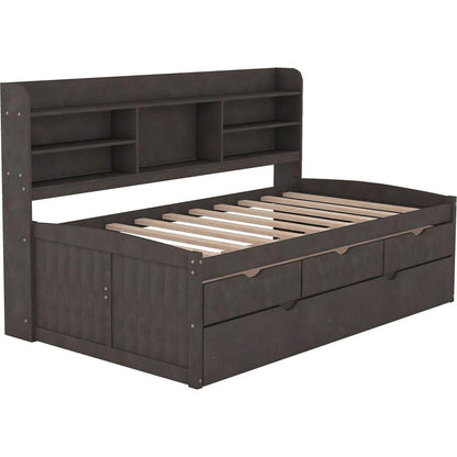 Twin Size Wooden Captain Bed with Built-in Bookshelves,Three Storage Drawers and Trundle,Antique Gray