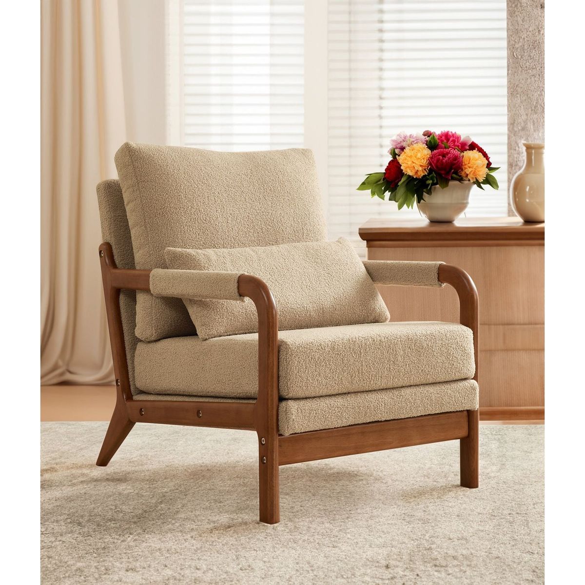 Modern Teddy Fabric Accent Chair,Oak Wood Frame Armchair for Living Room