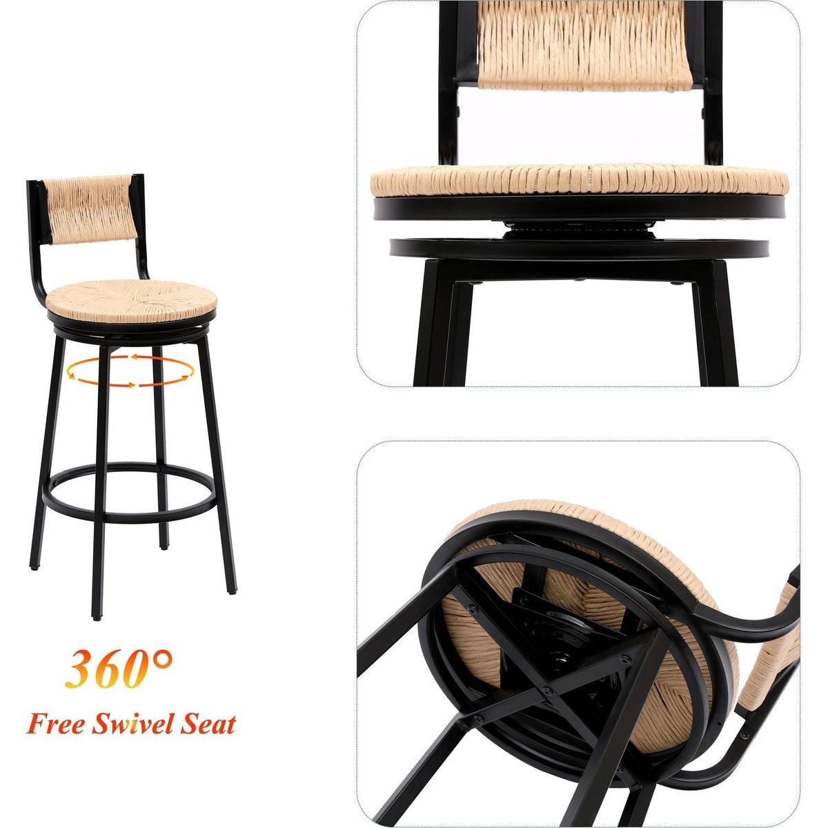 Honey Swivel Bar Stools Paper Rope Handwoven Barstools with Back Set of 2 Rustic Round Counter Chairs for Dining Room, Kitchen Island (Honey)