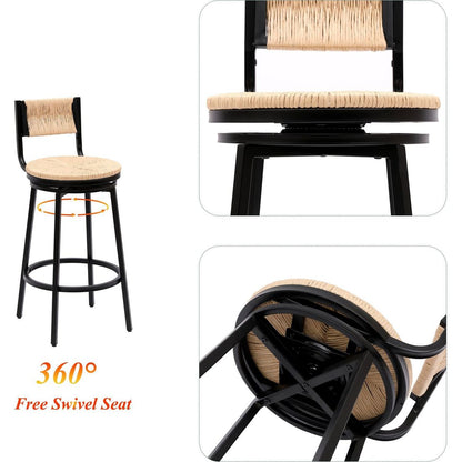 Honey Swivel Bar Stools Paper Rope Handwoven Barstools with Back Set of 2 Rustic Round Counter Chairs for Dining Room, Kitchen Island (Honey)