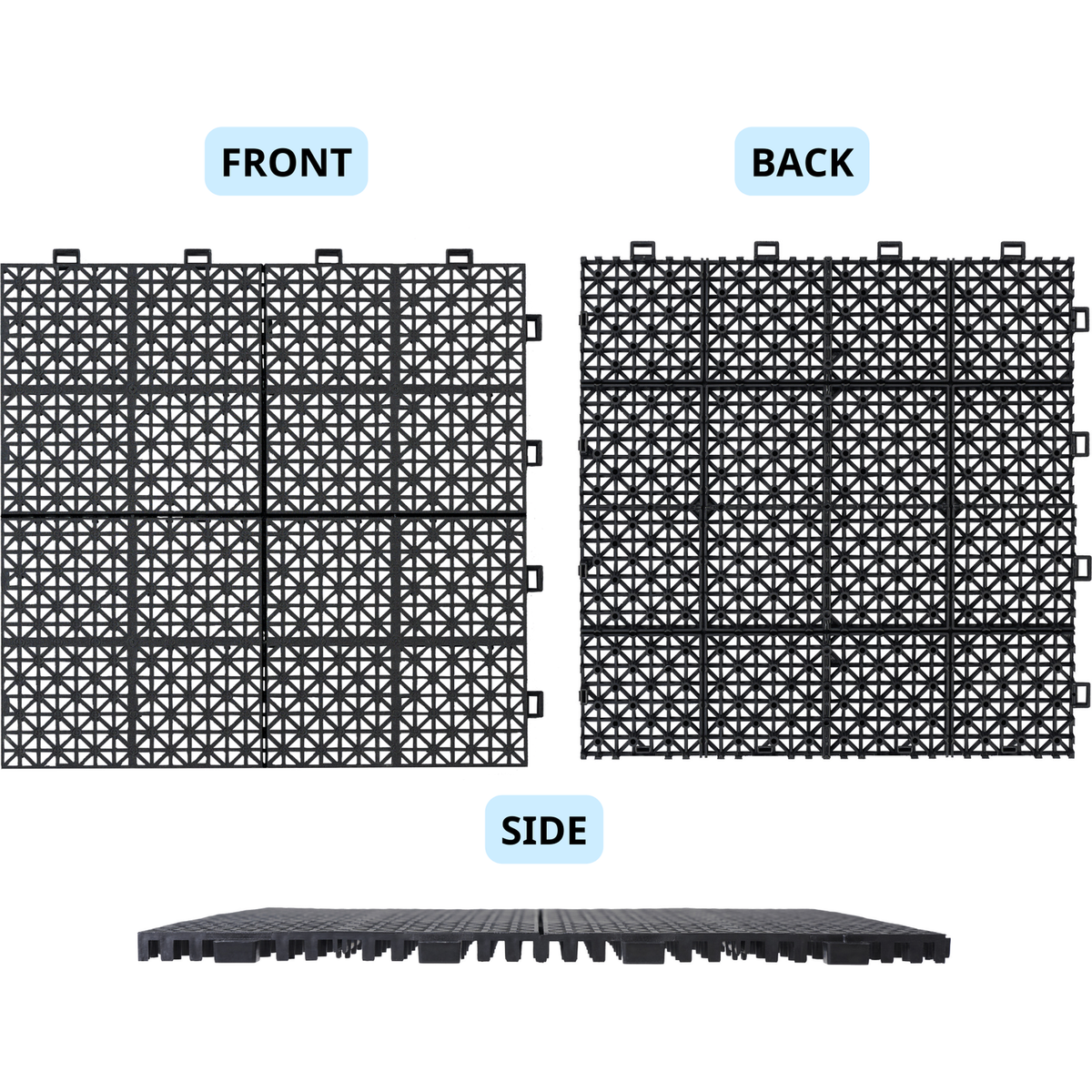 12 x 12 Inch Black Interlocking Deck Tiles Plastic Waterproof Outdoor All Weather Anti-slip Bathroom Shower Balcony Porch Strong Weight Capacity Upto 6613 LBS, Rosette Pattern Pack of 12