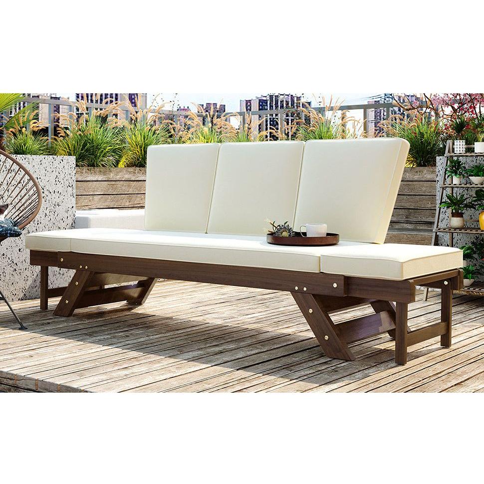 Outdoor Adjustable Patio Wooden Daybed Sofa Chaise Lounge with Cushions for Small Places, Brown Finish+Beige Cushion