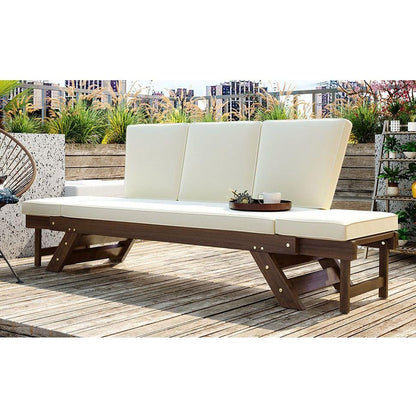 Outdoor Adjustable Patio Wooden Daybed Sofa Chaise Lounge with Cushions for Small Places, Brown Finish+Beige Cushion