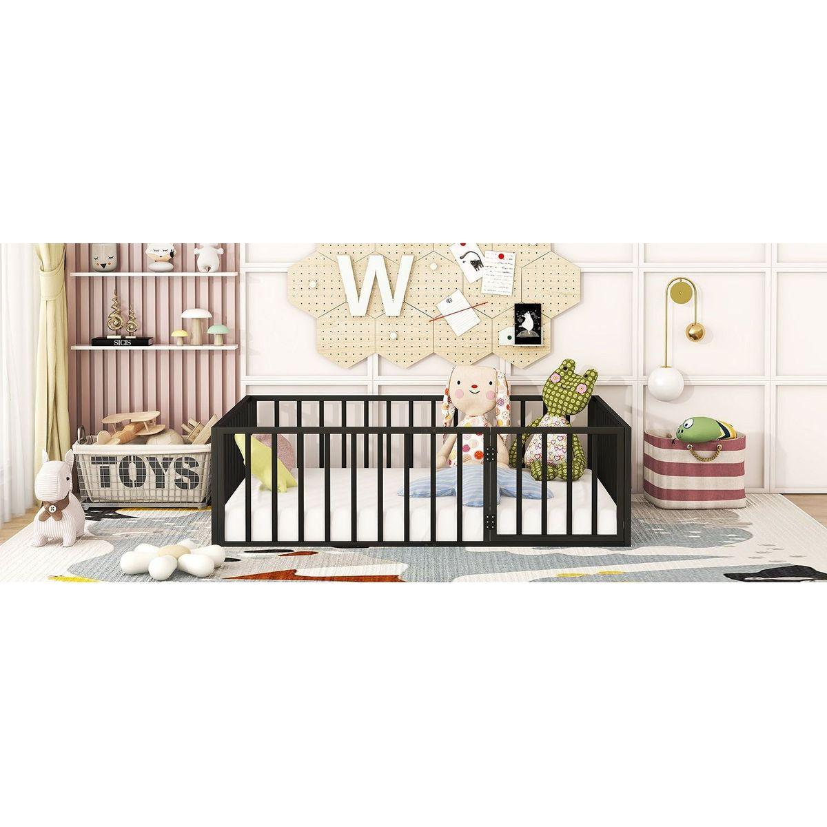 Full Size Metal Floor Bed Frame with Fence and Door, Black